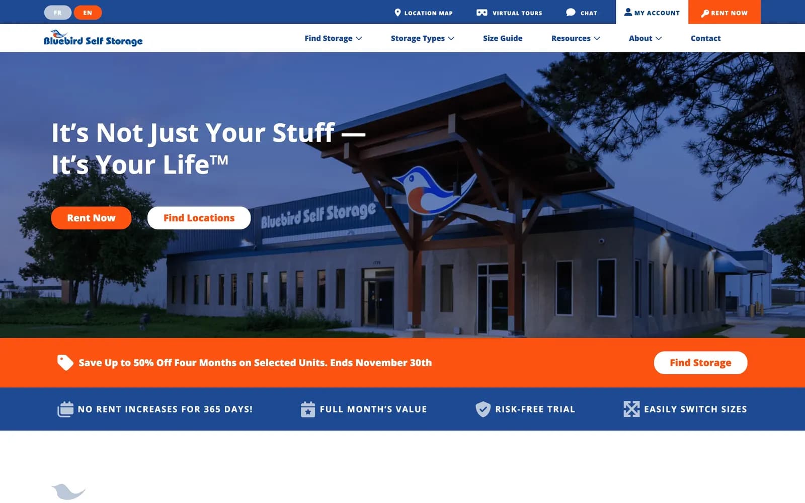 Bluebird Storage website — homepage screenshot