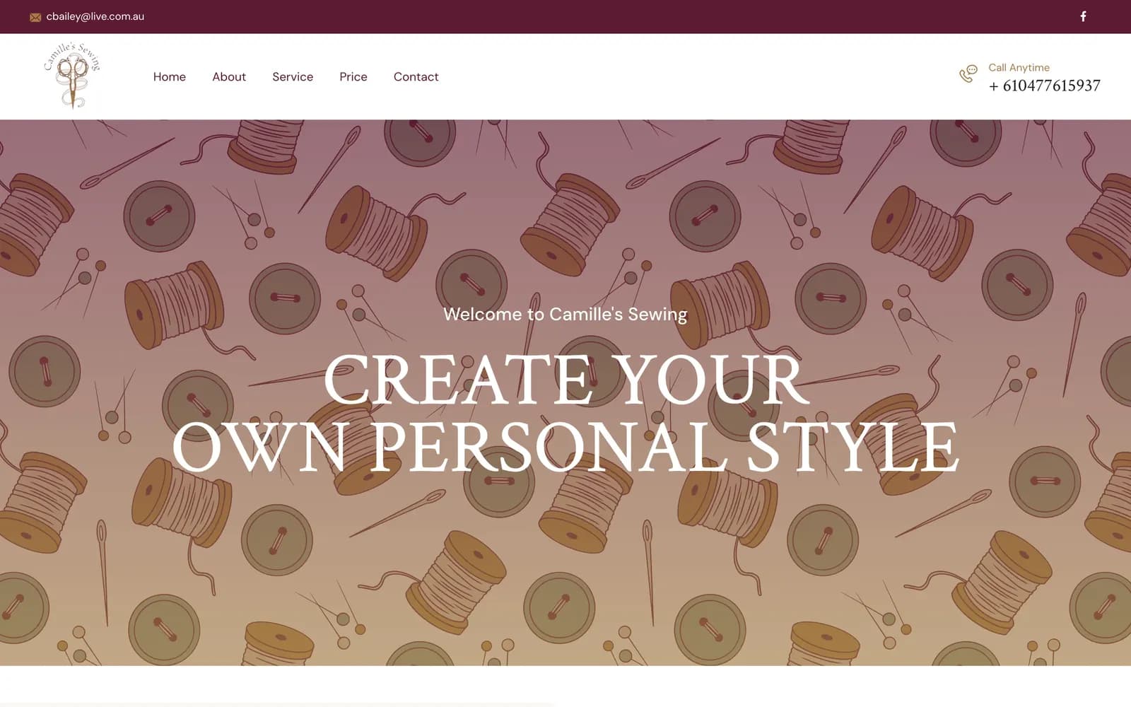 Camille's Sewing website — homepage screenshot