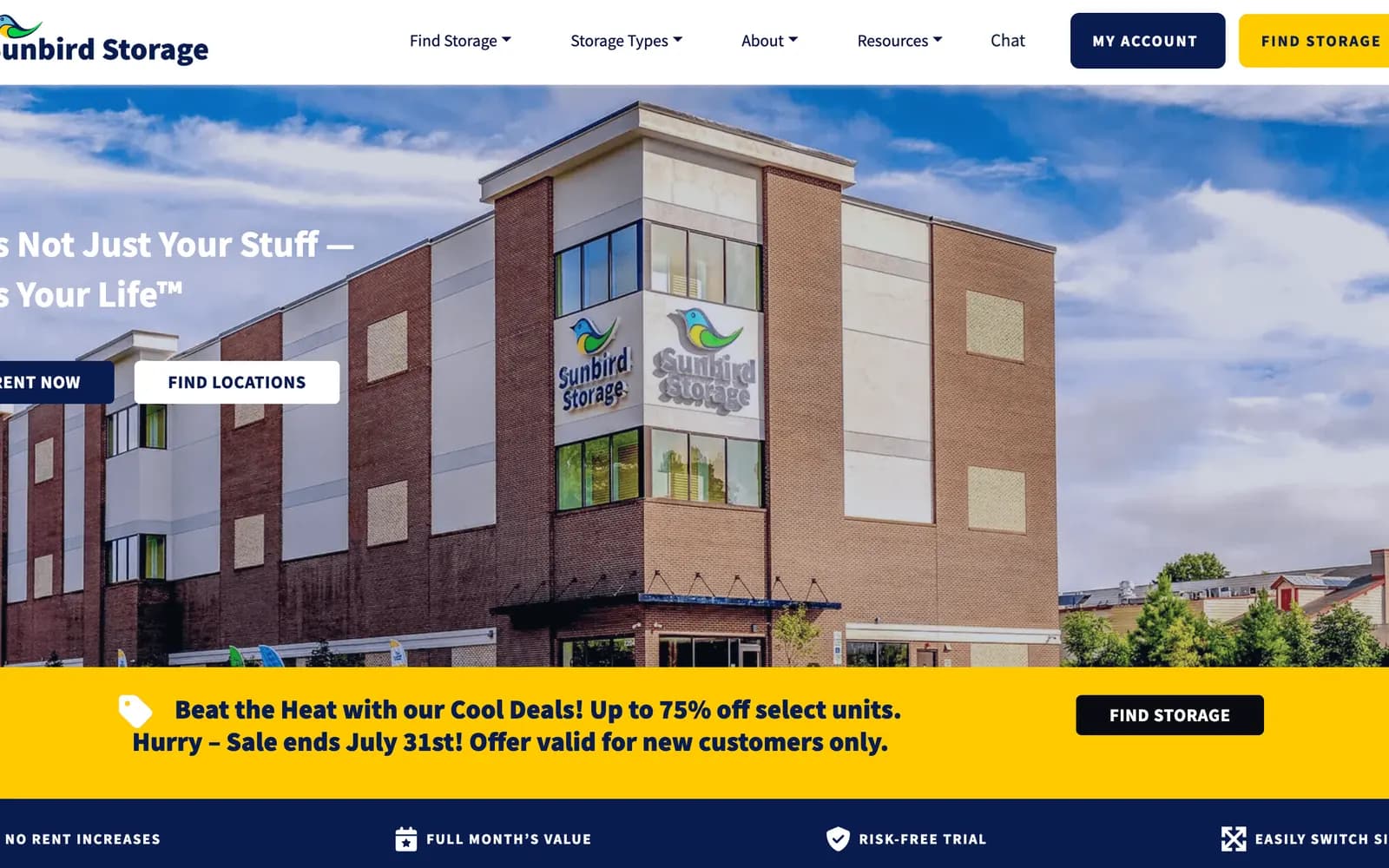 Sunbird Storage website — homepage screenshot