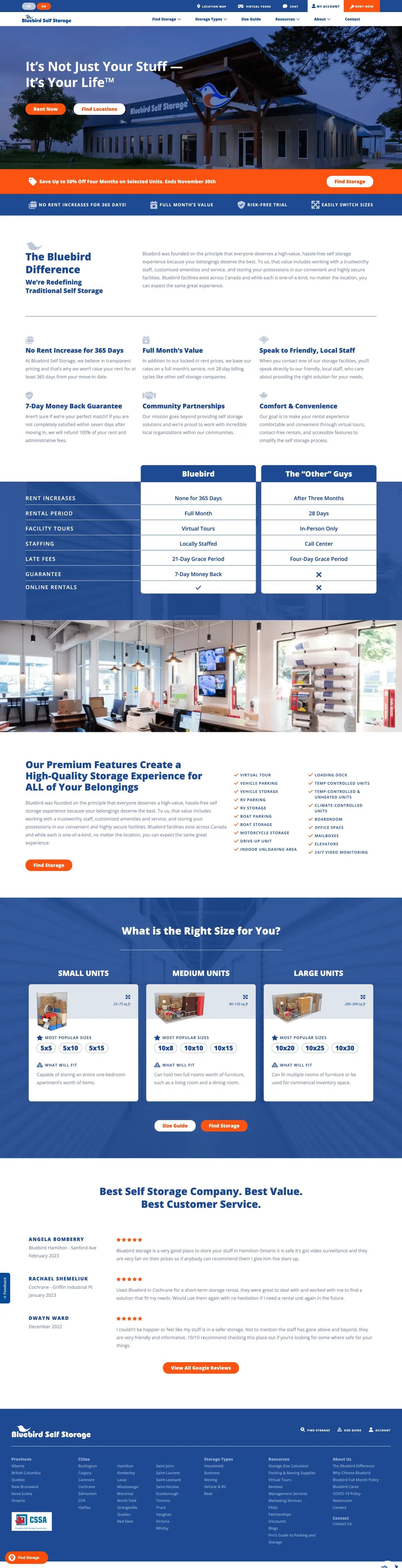 Bluebird Storage website — full-page screenshot