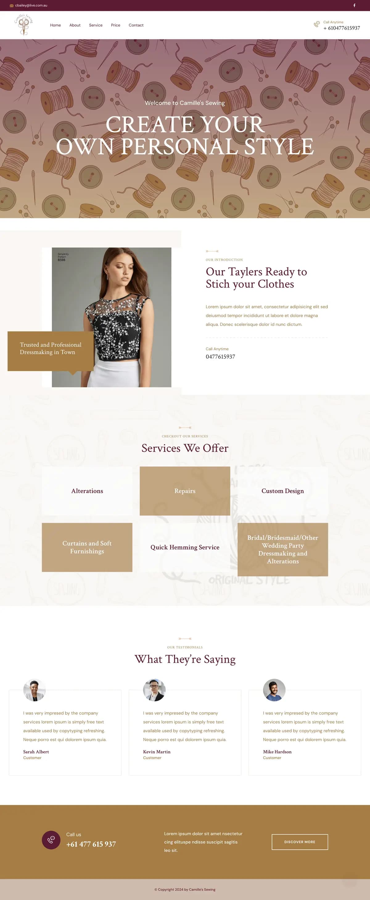 Camille's Sewing website — full-page screenshot