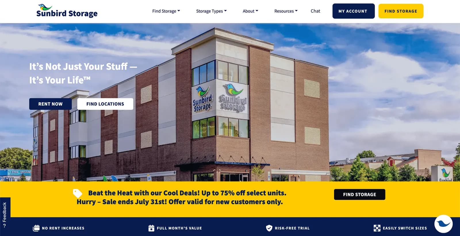 Sunbird Storage website — homepage screenshot